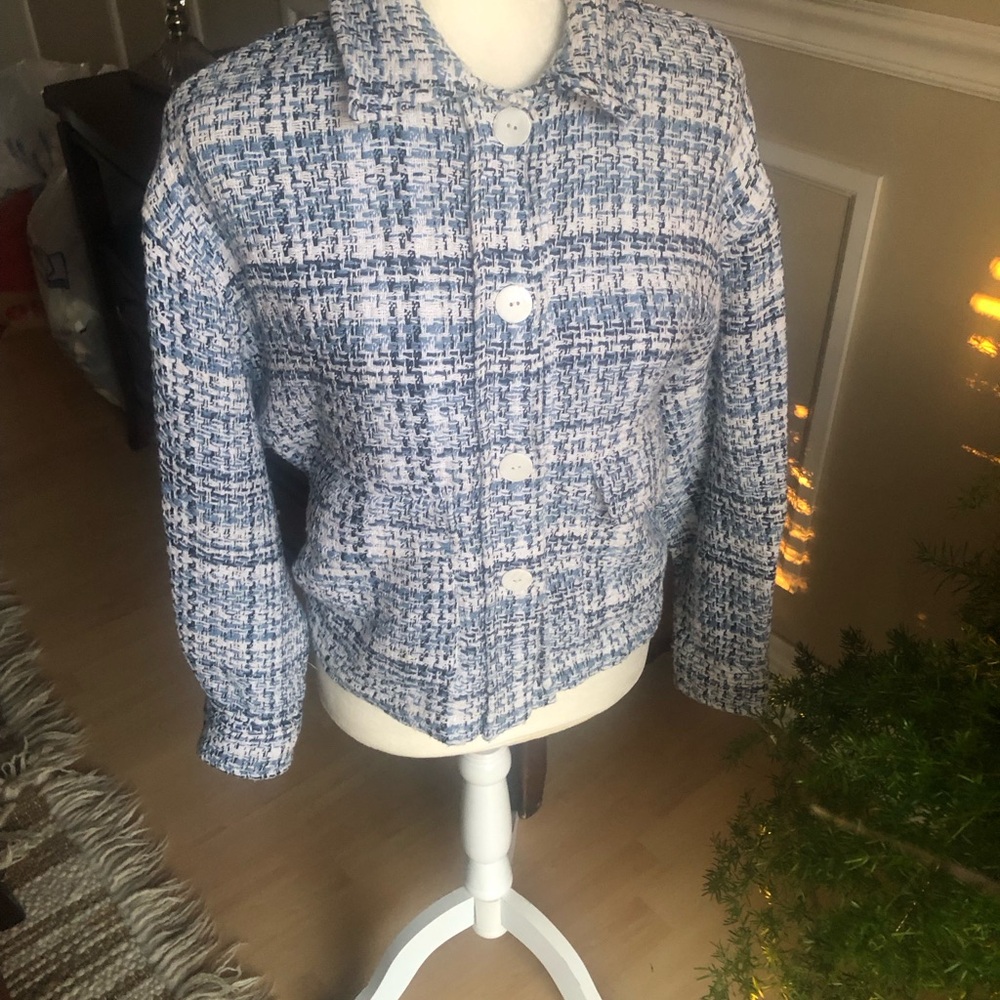 Zara cropped Black, Blue and White tweed Jacket made From Italian fabric